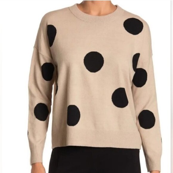 T Tahari Long Sleeve Crewneck Pullover Khaki Black Polka Dot Sweater Size XL - Picture 1 of 8